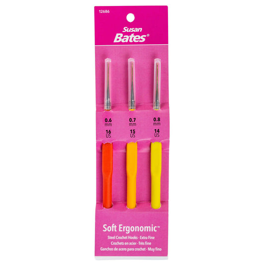 SB Soft Ergonomic Steel Crochet Hook Set: Sizes 0.6, 0.7, 0.8 MM